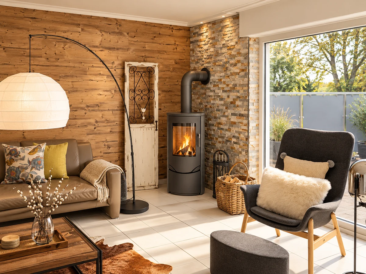 Wohnzimmer mit Holzvertäfelung, Natursteinwand und Kaminofen neben einer großen Fensterfront.